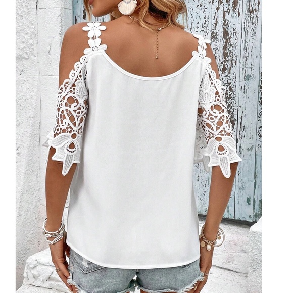 Boho Floral lace Cold Shoulder Loose Fit Top - Picture 2 of 8
